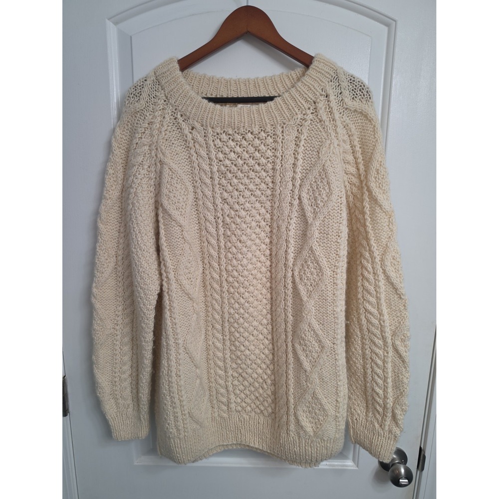 Vintage Handmade 90s Fisherman Cable Knit Wool Aran Sweater Mens size 44 Cream